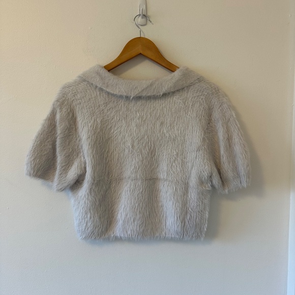 House of Harlow 1960 Fuzzy Pastel Blue Cropped Polo Sweater | Size Large - Picture 3 of 7